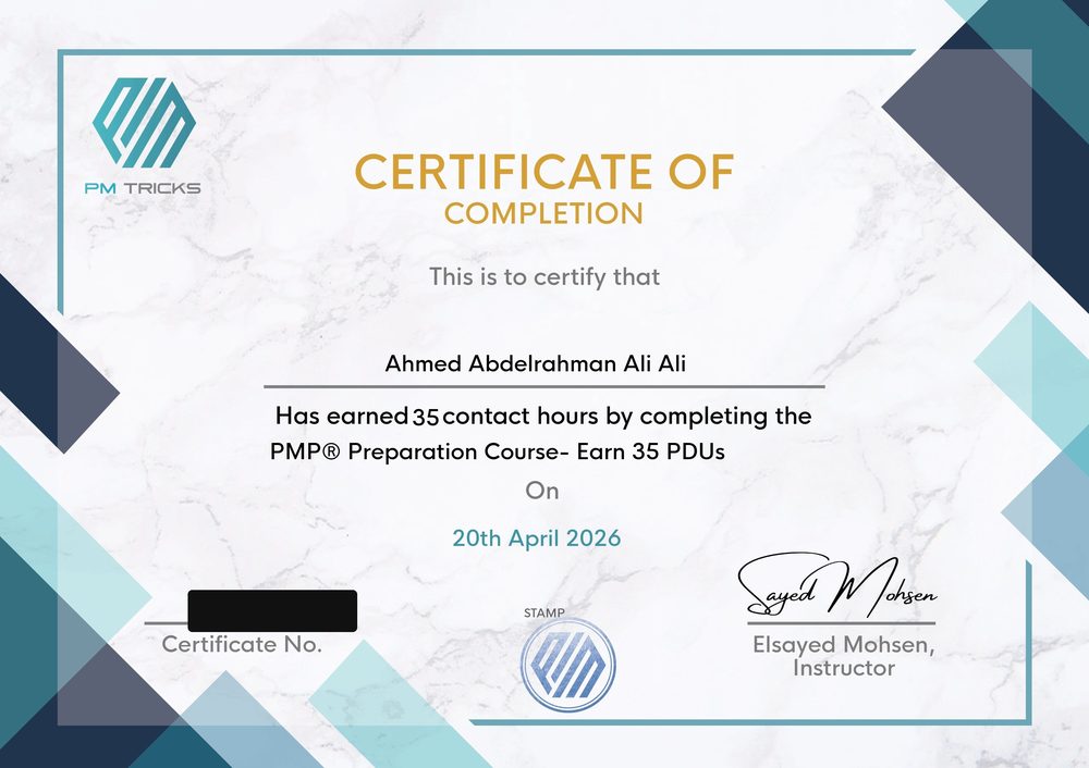 Certificate of Completion — PMP® Training Course